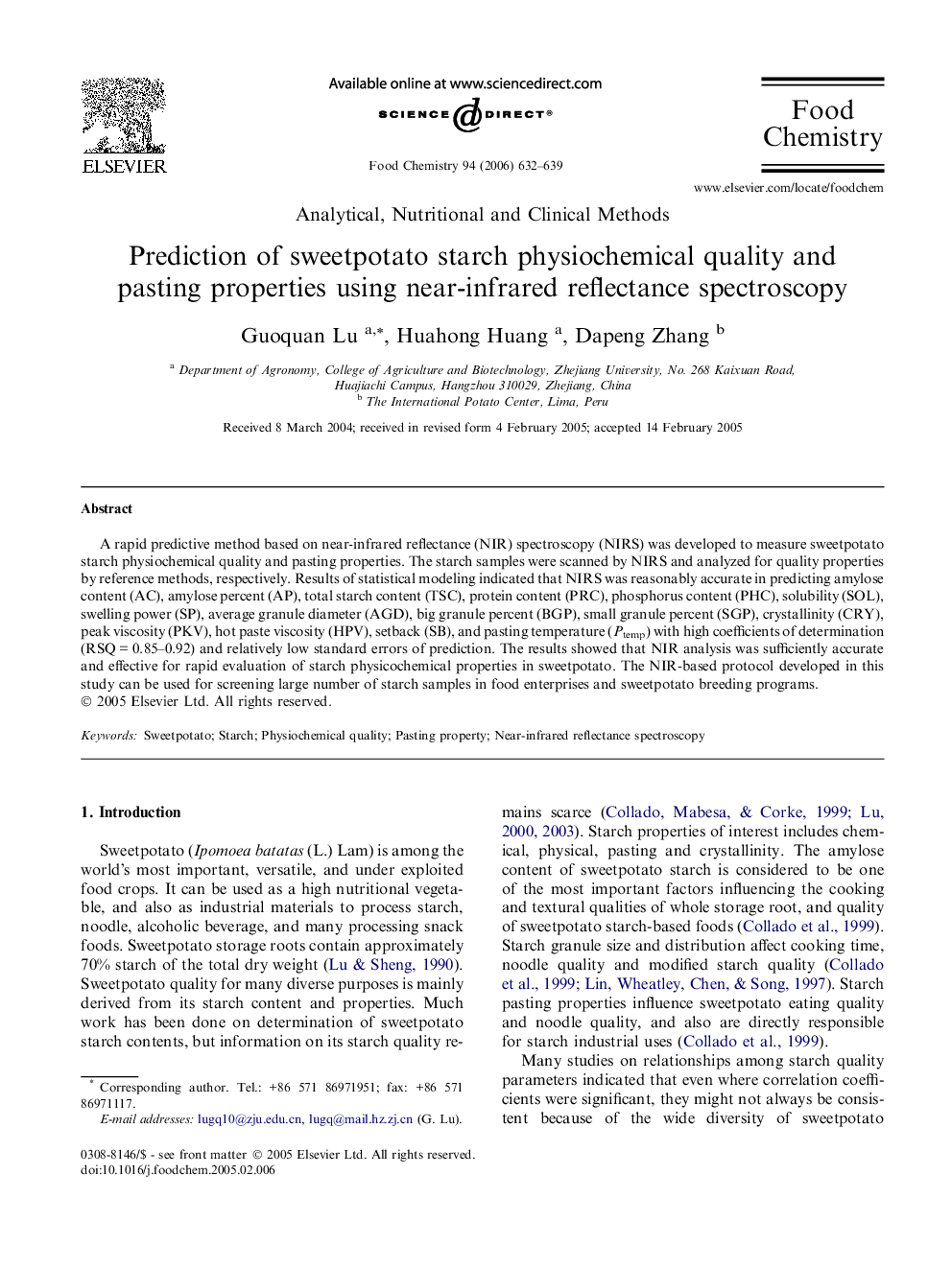 Prediction of sweetpotato starch physiochemical quality and pasting properties using near-infrared reflectance spectroscopy