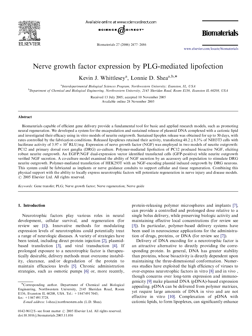 Nerve growth factor expression by PLG-mediated lipofection