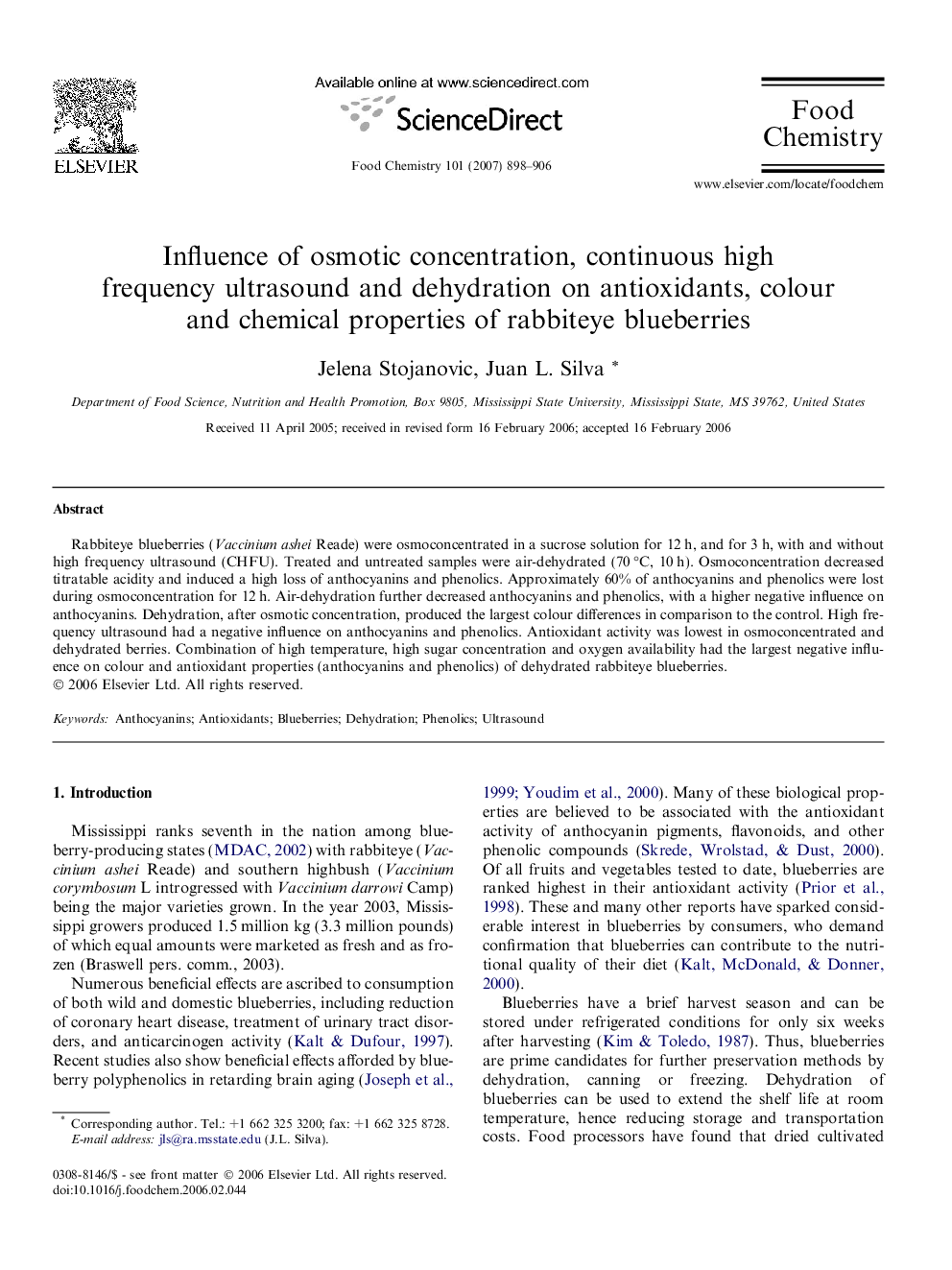 Influence of osmotic concentration, continuous high frequency ultrasound and dehydration on antioxidants, colour and chemical properties of rabbiteye blueberries