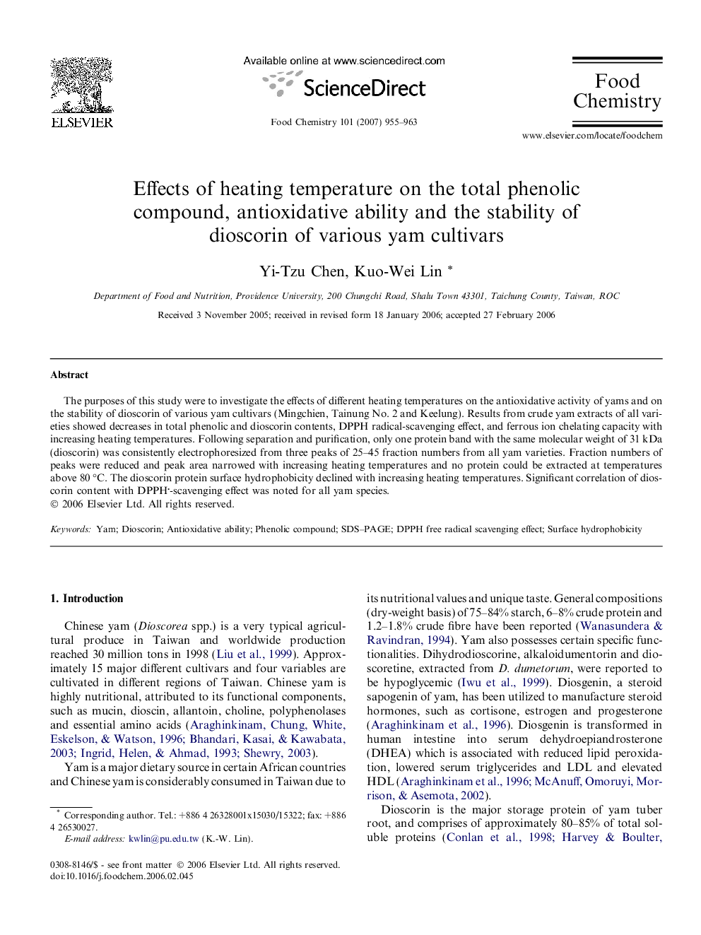 Effects of heating temperature on the total phenolic compound, antioxidative ability and the stability of dioscorin of various yam cultivars