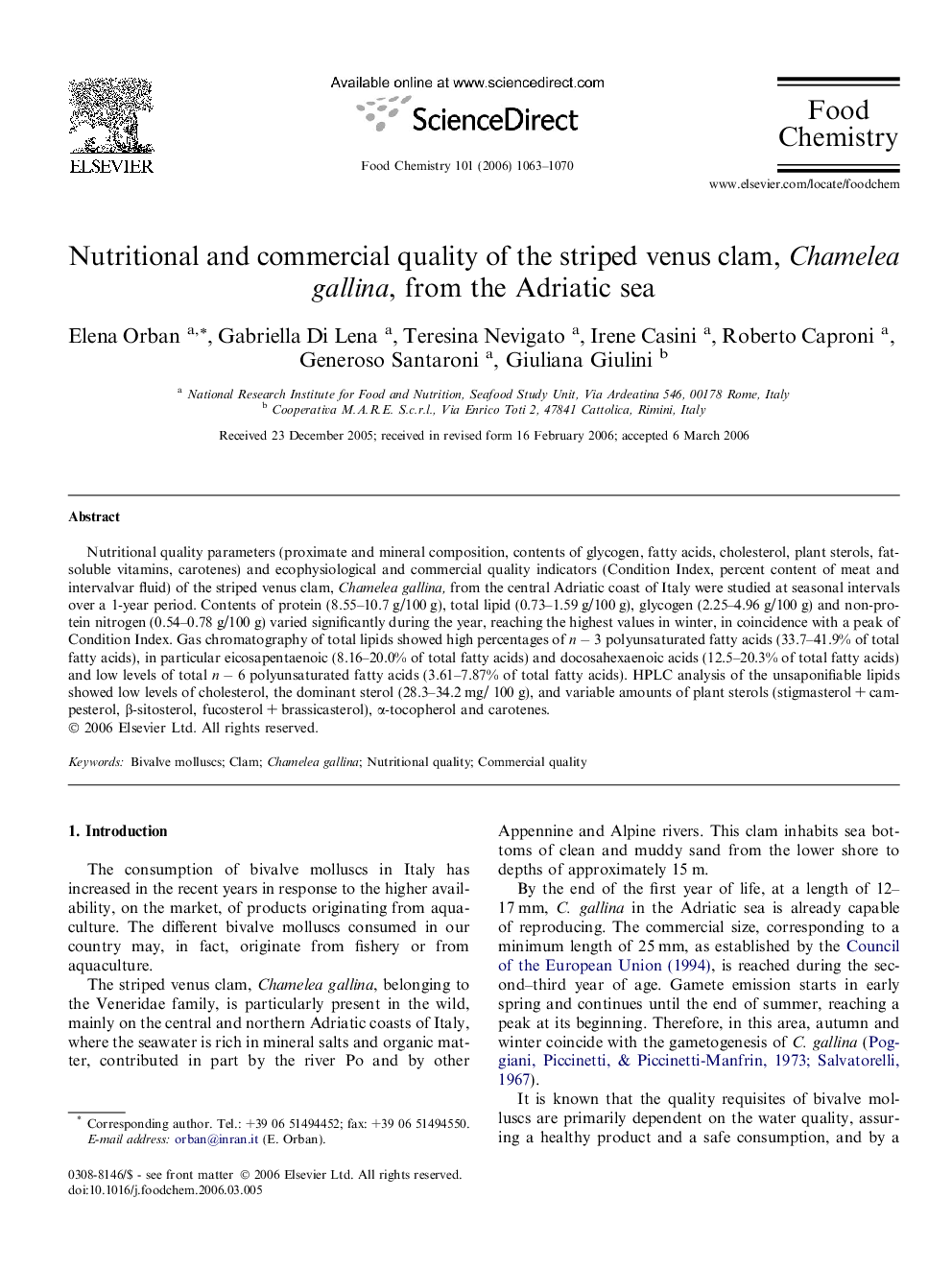 Nutritional and commercial quality of the striped venus clam, Chamelea gallina, from the Adriatic sea