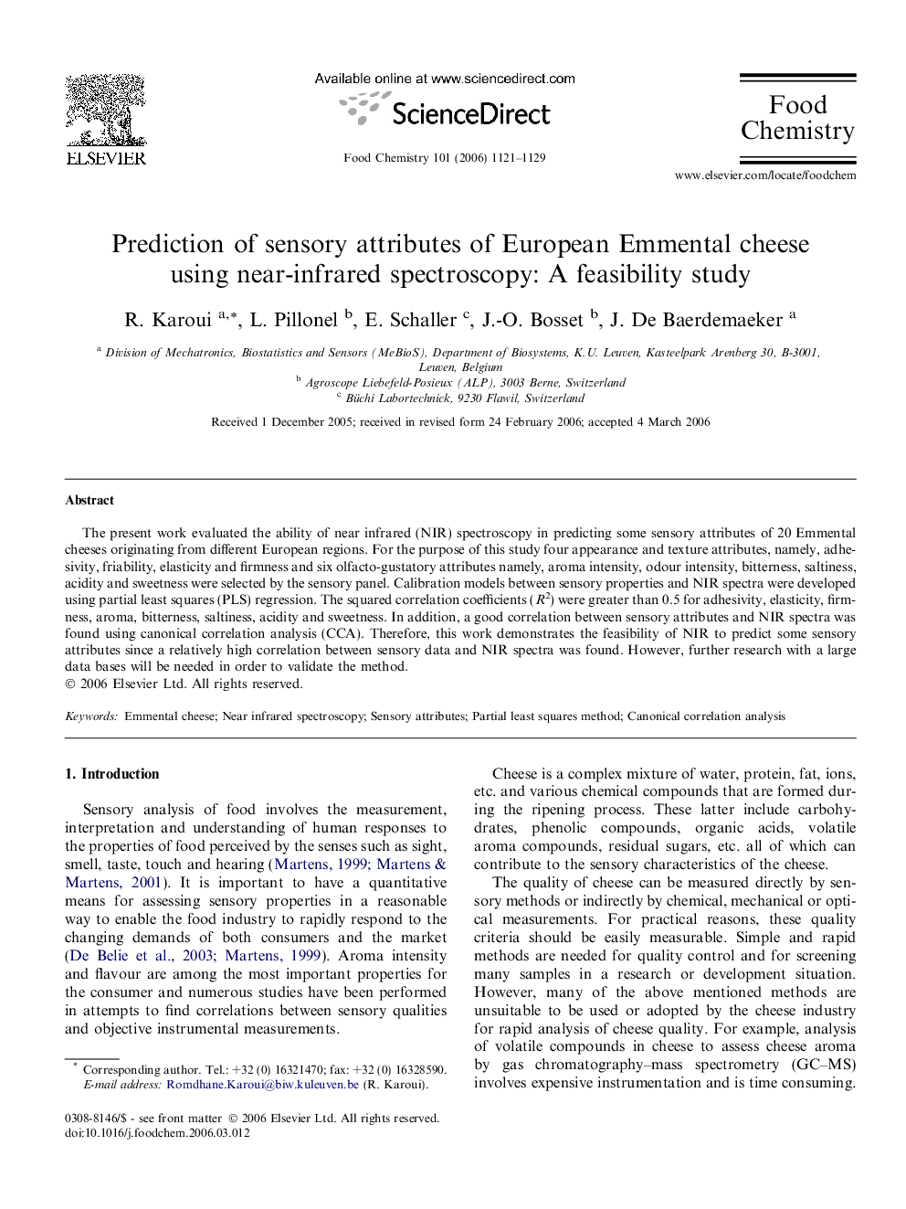 Prediction of sensory attributes of European Emmental cheese using near-infrared spectroscopy: A feasibility study