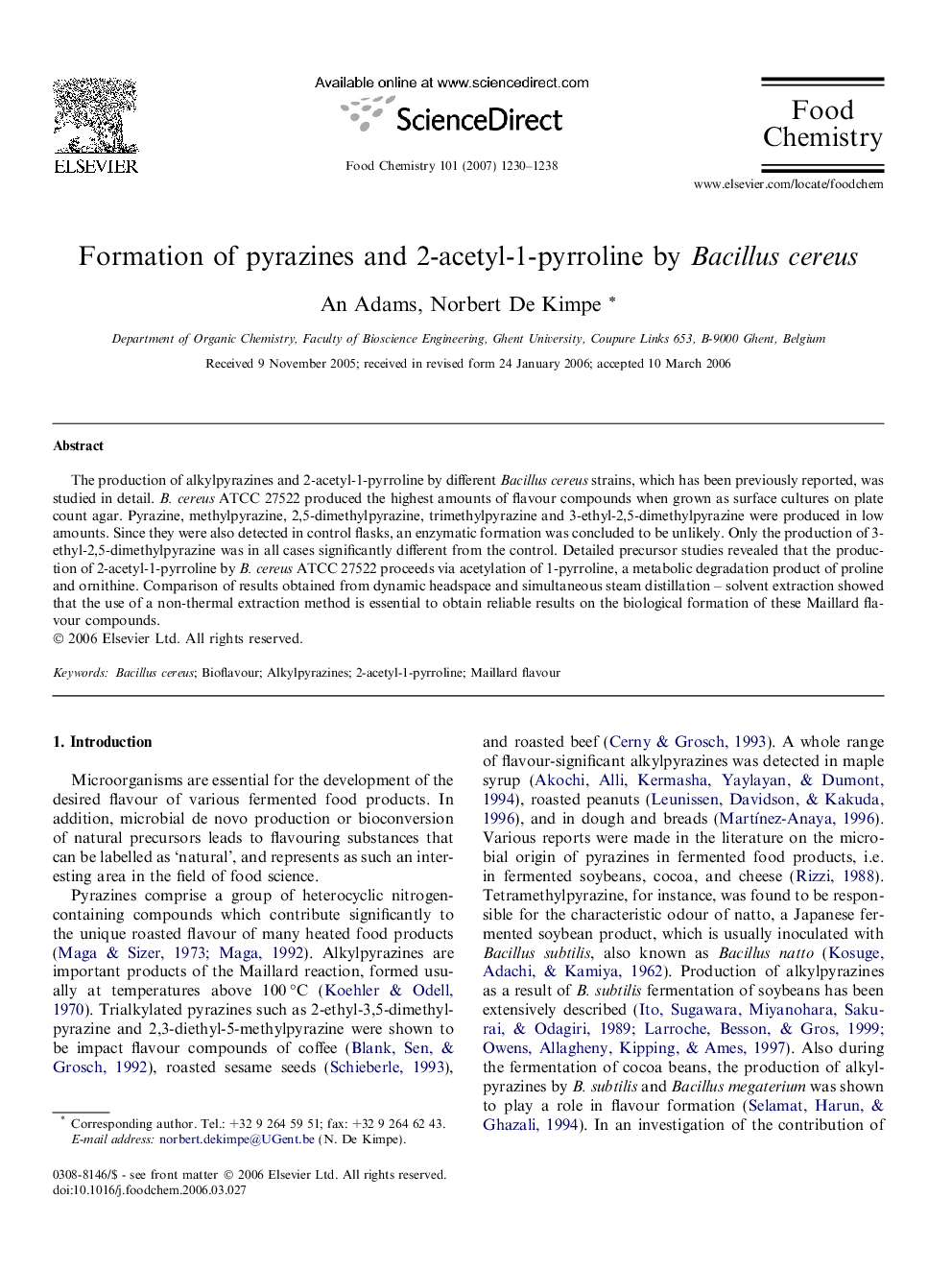 Formation of pyrazines and 2-acetyl-1-pyrroline by Bacillus cereus