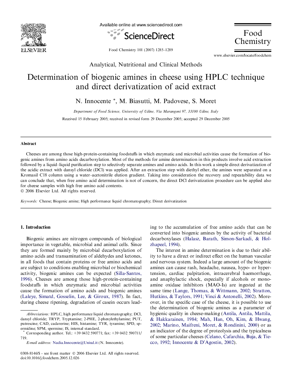 Determination of biogenic amines in cheese using HPLC technique and direct derivatization of acid extract