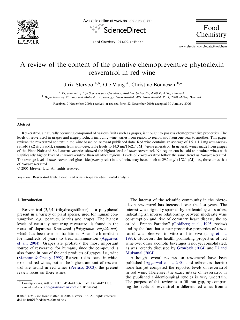 A review of the content of the putative chemopreventive phytoalexin resveratrol in red wine