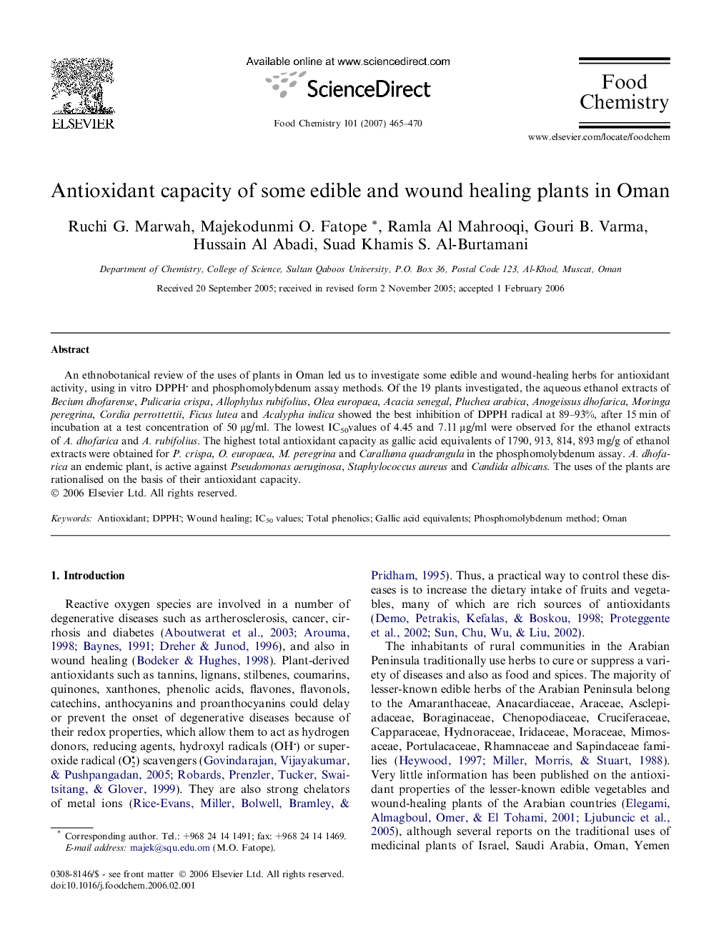 Antioxidant capacity of some edible and wound healing plants in Oman