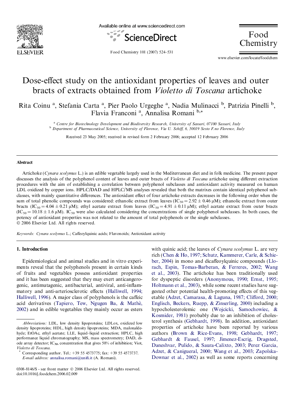 Dose-effect study on the antioxidant properties of leaves and outer bracts of extracts obtained from Violetto di Toscana artichoke