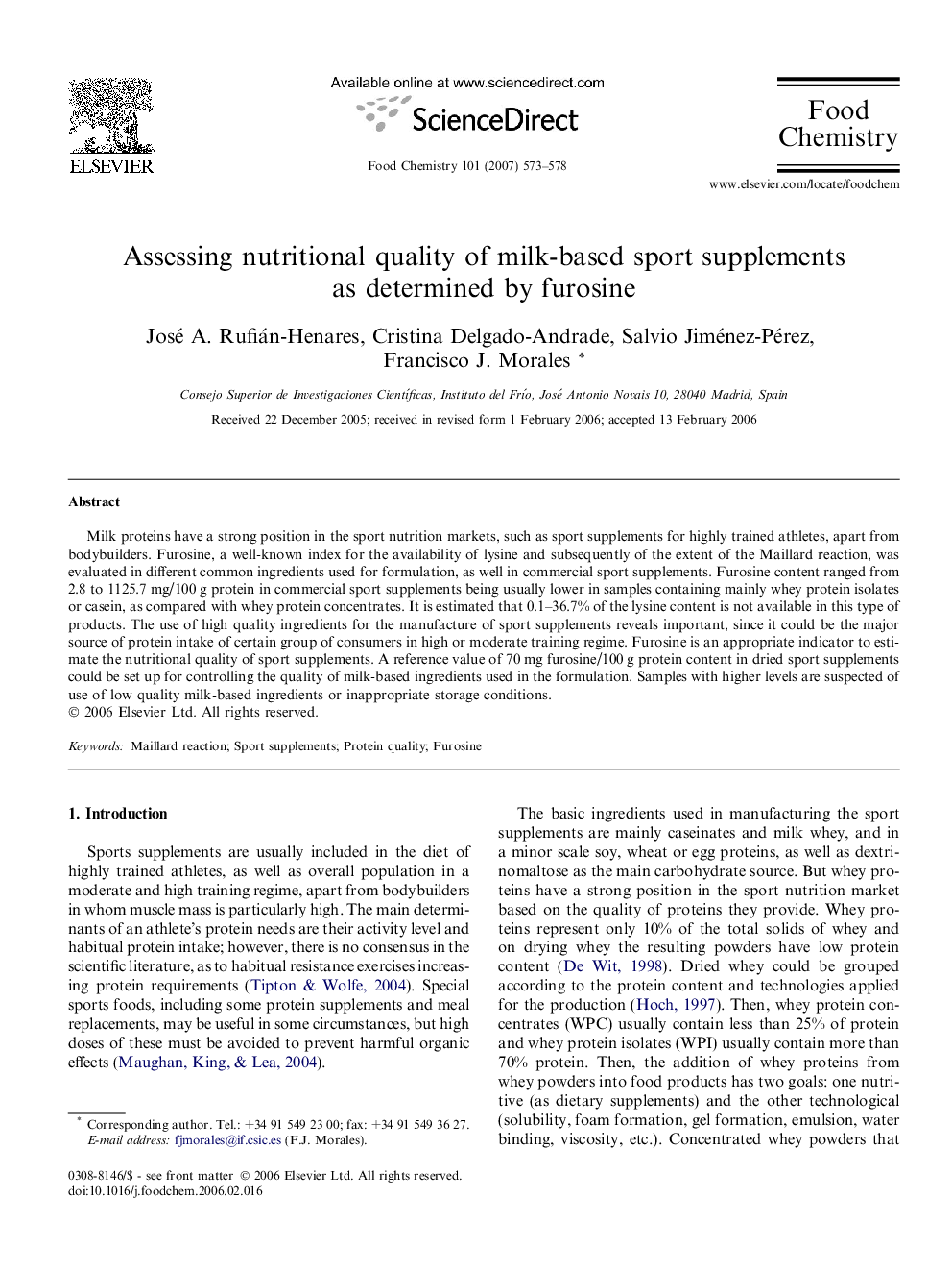 Assessing nutritional quality of milk-based sport supplements as determined by furosine