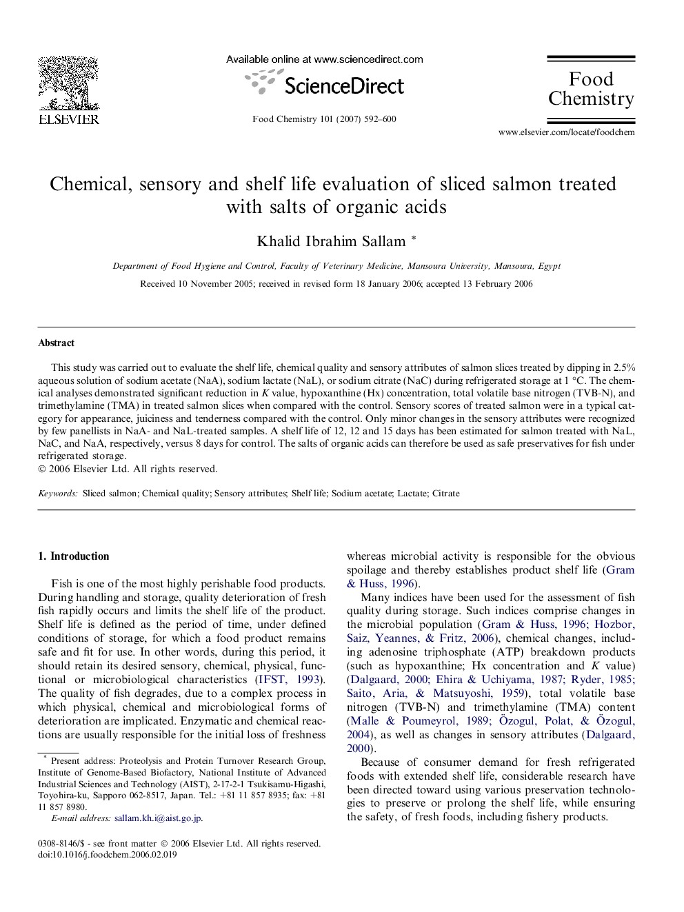 Chemical, sensory and shelf life evaluation of sliced salmon treated with salts of organic acids