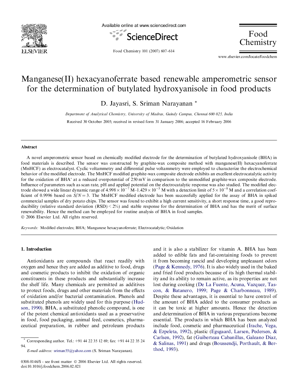 Manganese(II) hexacyanoferrate based renewable amperometric sensor for the determination of butylated hydroxyanisole in food products