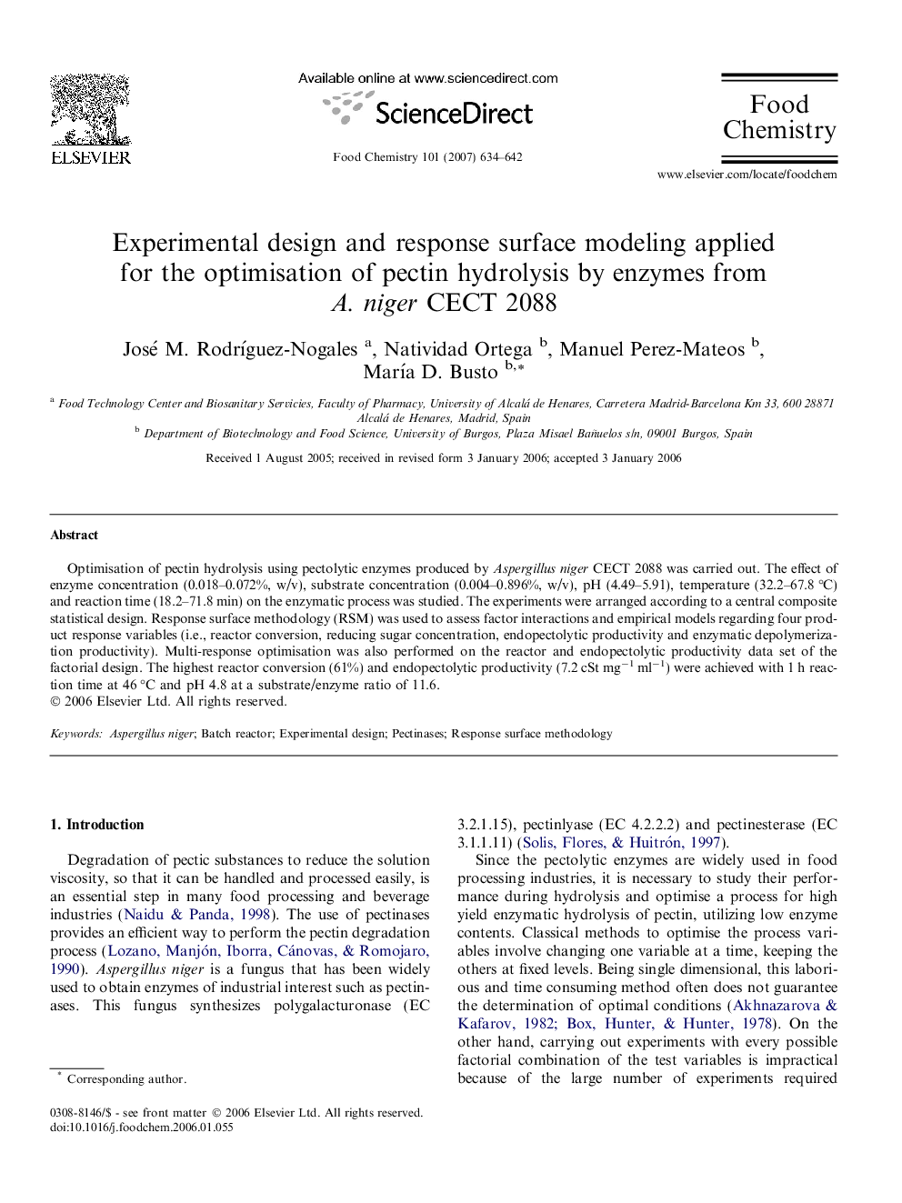 Experimental design and response surface modeling applied for the optimisation of pectin hydrolysis by enzymes from A. niger CECT 2088