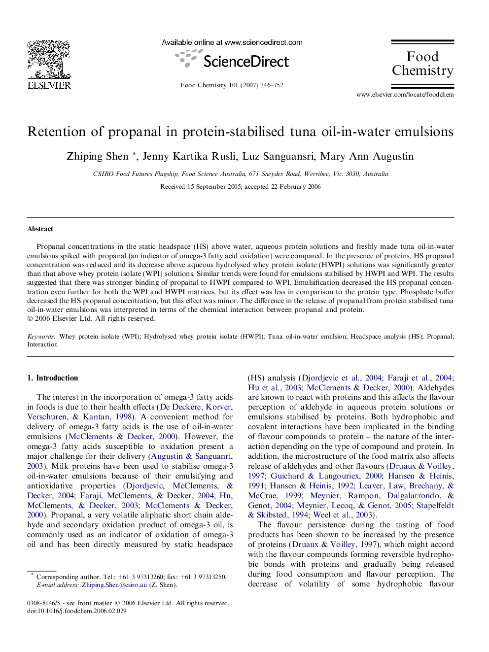 عکس صفحه اول مقاله: Retention of propanal in protein-stabilised tuna oil-in-water emulsions Retention of propanal in protein-stabilised tuna oil-in-water emulsions