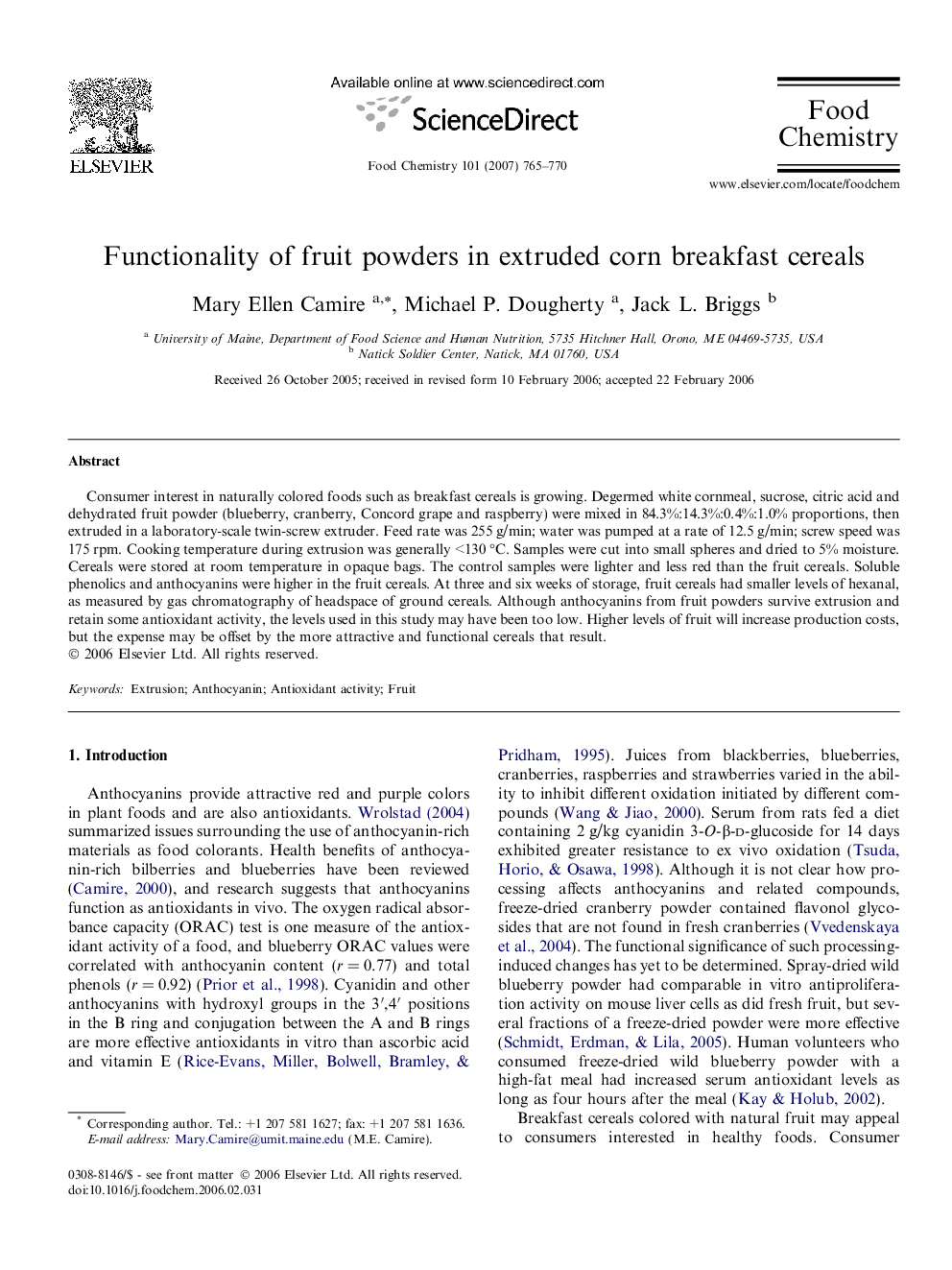 عکس صفحه اول مقاله: Functionality of fruit powders in extruded corn breakfast cereals Functionality of fruit powders in extruded corn breakfast cereals