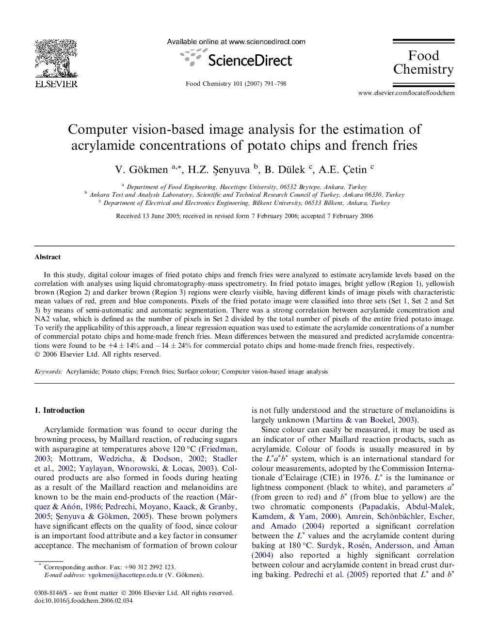 عکس صفحه اول مقاله: Computer vision-based image analysis for the estimation of acrylamide concentrations of potato chips and french fries Computer vision-based image analysis for the estimation of acrylamide concentrations of potato chips and french fries