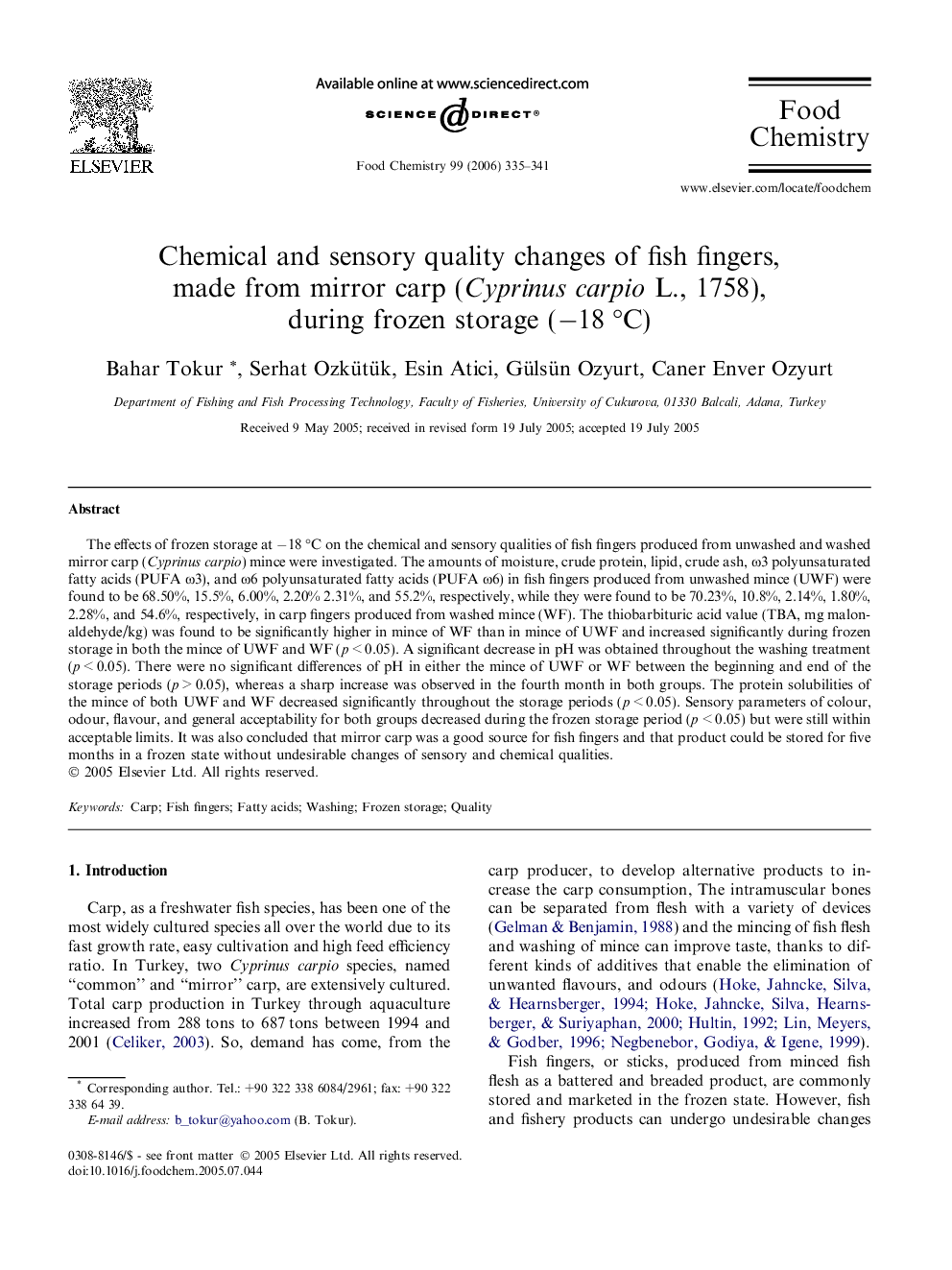 Chemical and sensory quality changes of fish fingers, made from mirror carp (Cyprinus carpio L., 1758), during frozen storage (−18 °C)