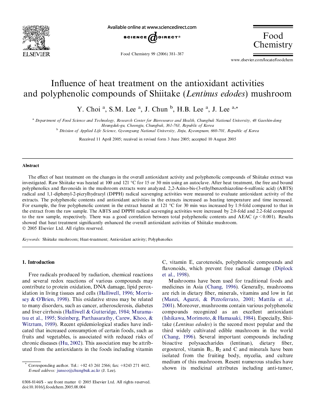 Influence of heat treatment on the antioxidant activities and polyphenolic compounds of Shiitake (Lentinus edodes) mushroom