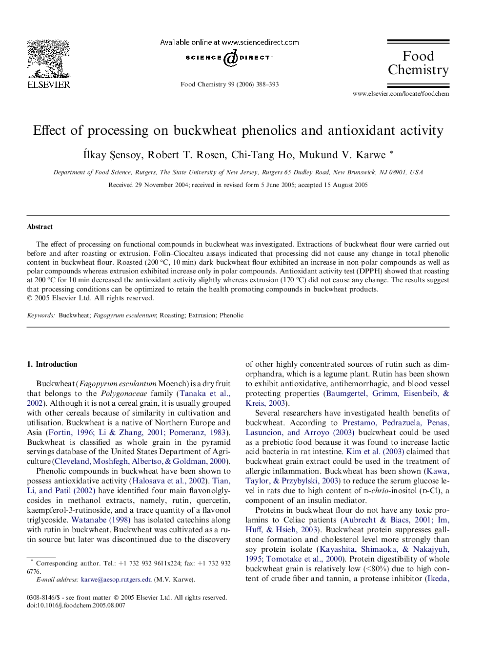 Effect of processing on buckwheat phenolics and antioxidant activity