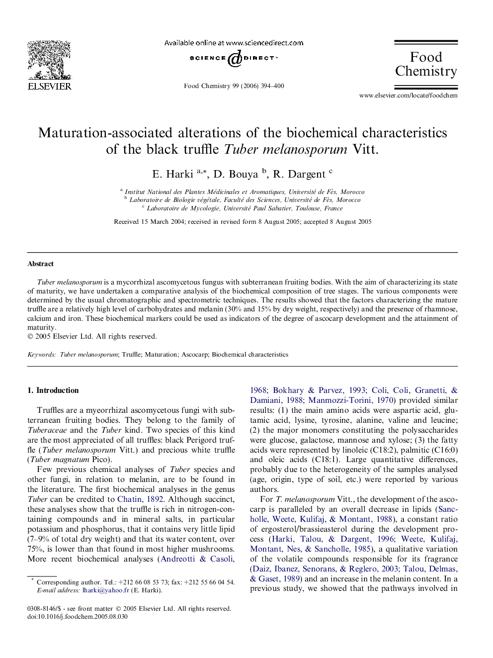 Maturation-associated alterations of the biochemical characteristics of the black truffle Tuber melanosporum Vitt.