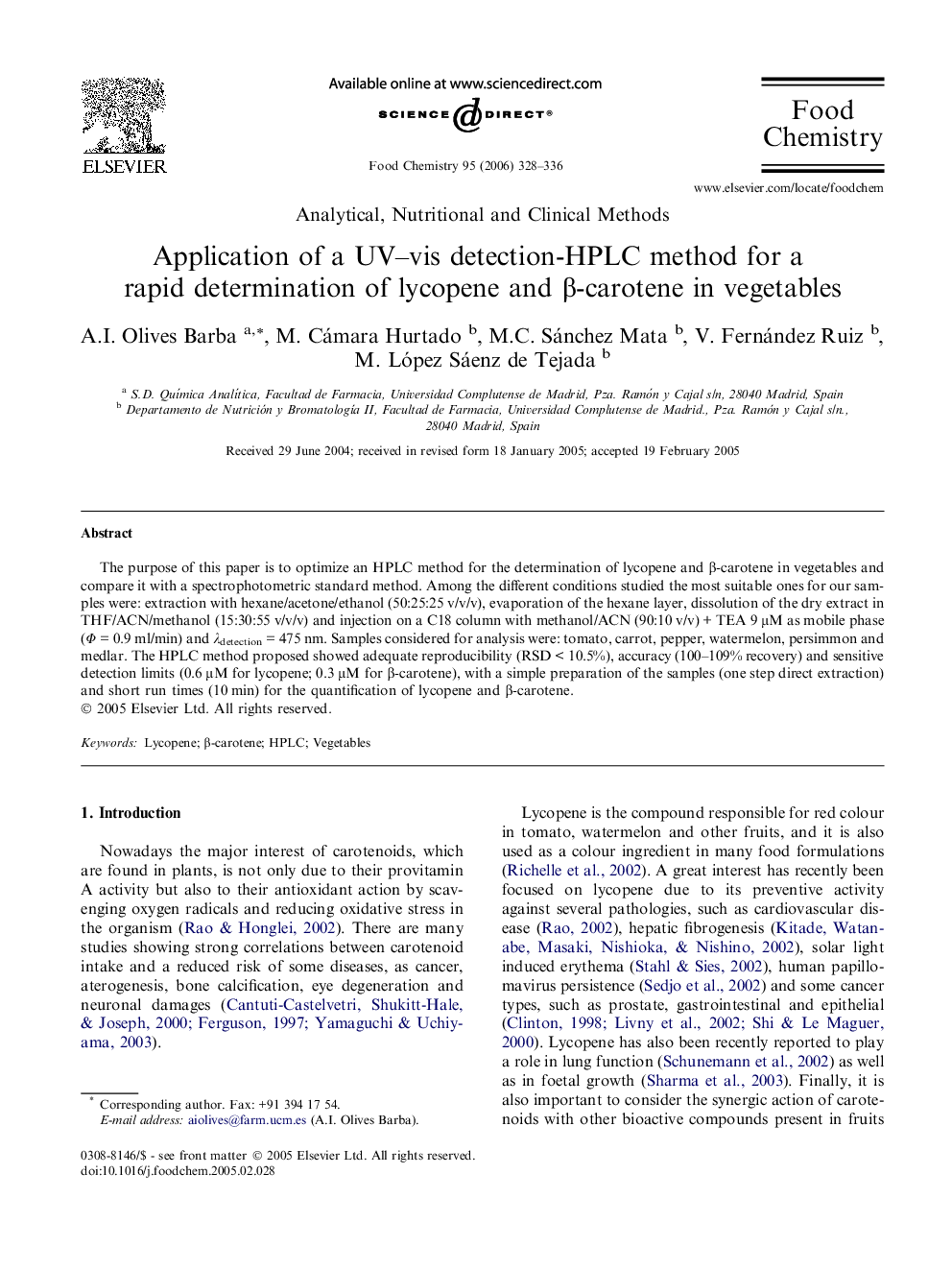 Application of a UV–vis detection-HPLC method for a rapid determination of lycopene and β-carotene in vegetables