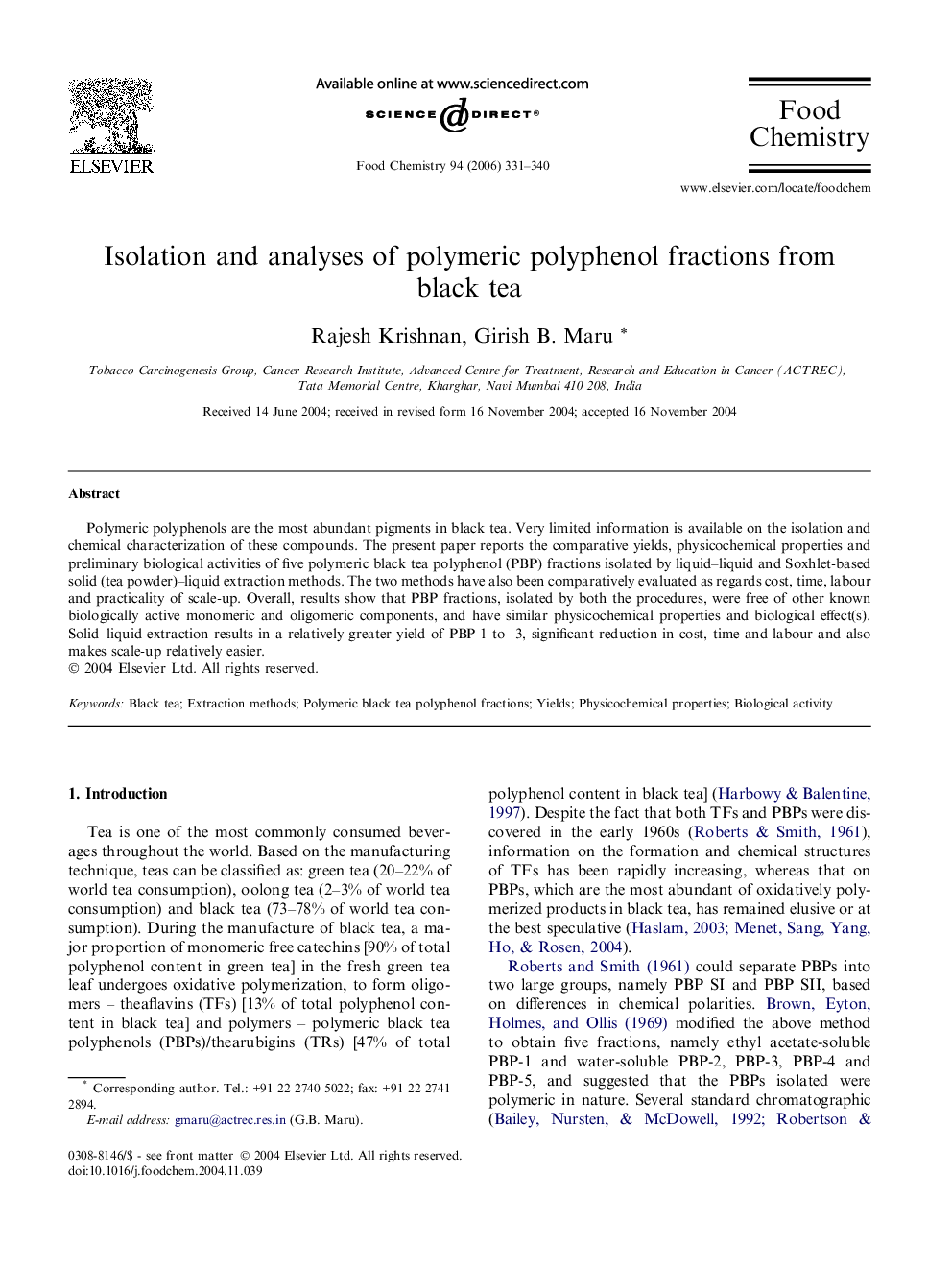 Isolation and analyses of polymeric polyphenol fractions from black tea