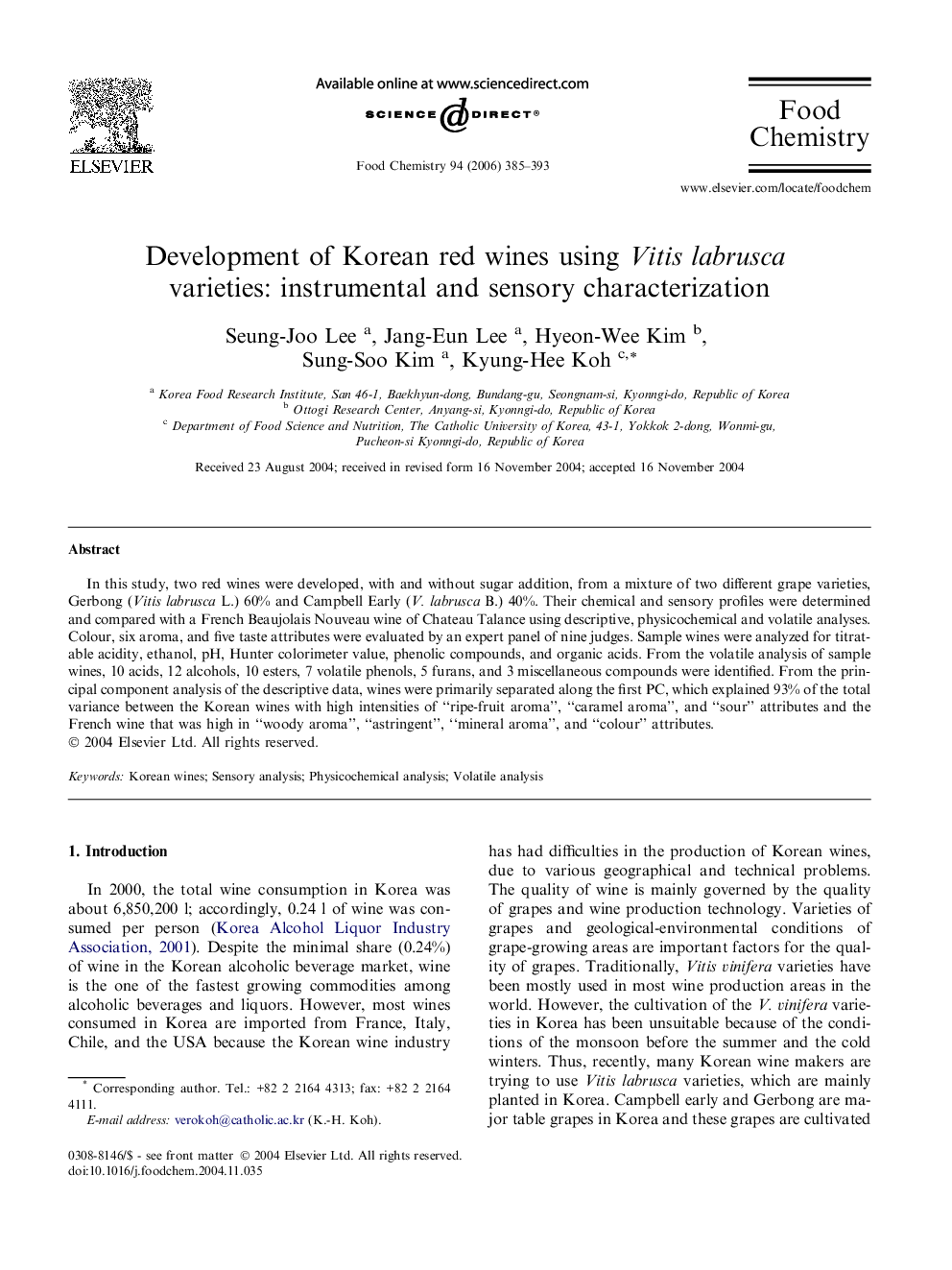 Development of Korean red wines using Vitis labrusca varieties: instrumental and sensory characterization