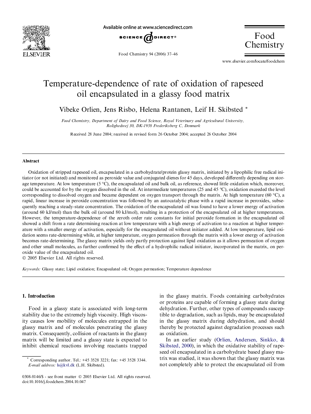 Temperature-dependence of rate of oxidation of rapeseed oil encapsulated in a glassy food matrix