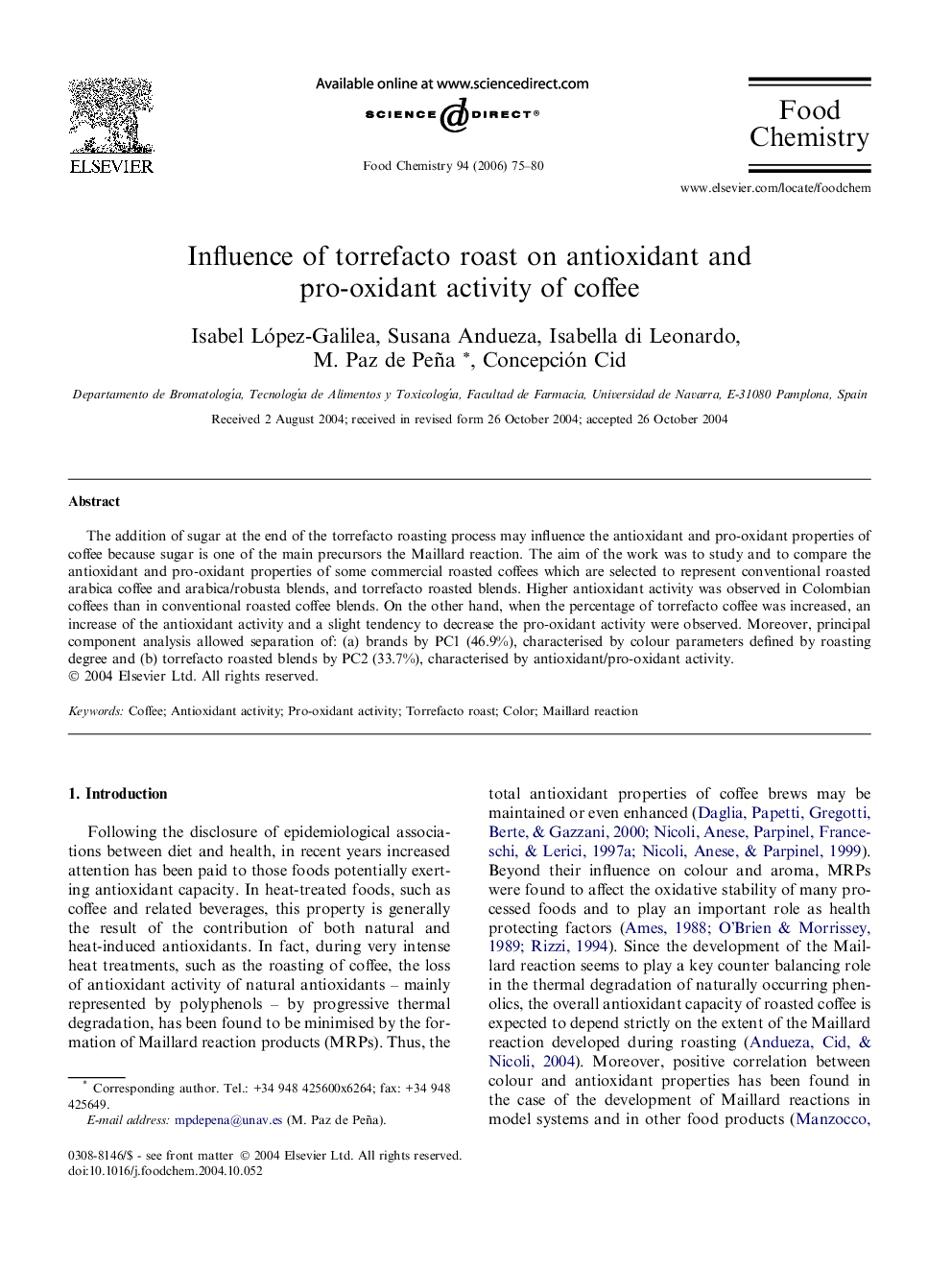 Influence of torrefacto roast on antioxidant and pro-oxidant activity of coffee