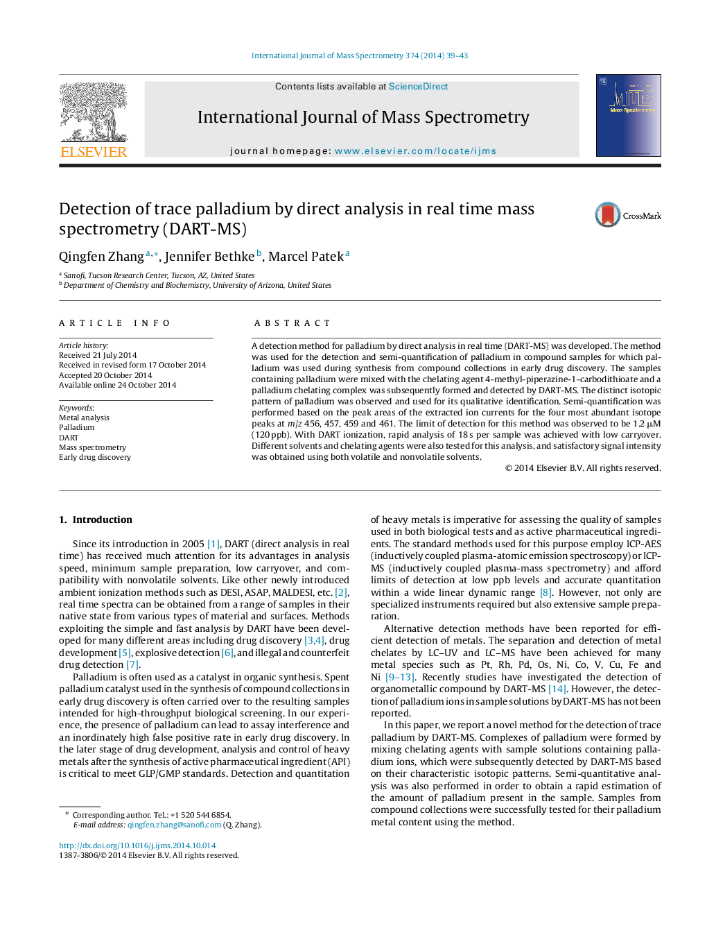 Detection of trace palladium by direct analysis in real time mass spectrometry (DART-MS)