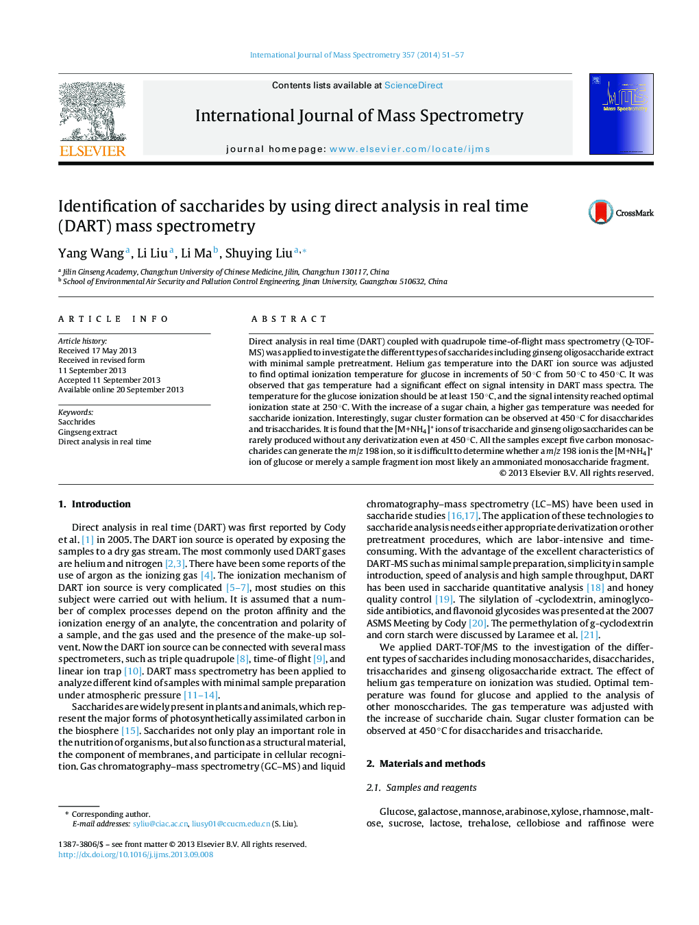 Identification of saccharides by using direct analysis in real time (DART) mass spectrometry