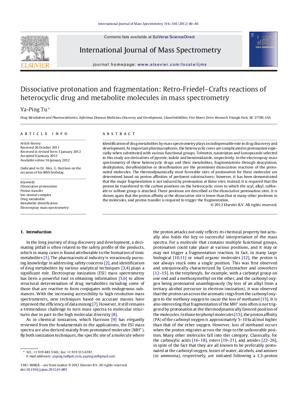 Dissociative protonation and fragmentation: Retro-Friedel–Crafts reactions of heterocyclic drug and metabolite molecules in mass spectrometry