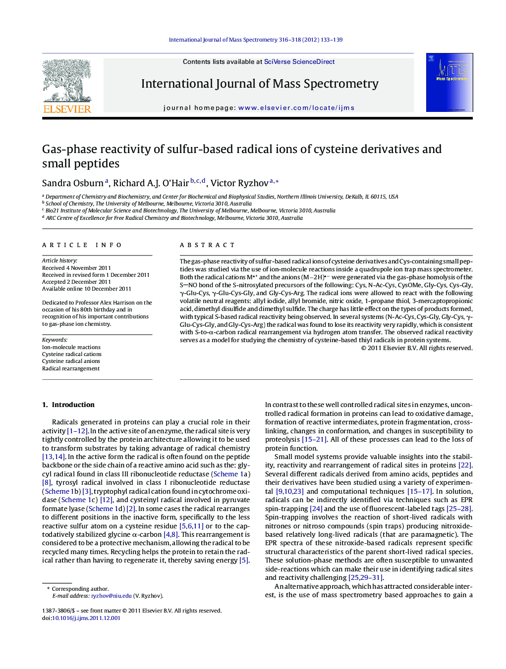 Gas-phase reactivity of sulfur-based radical ions of cysteine derivatives and small peptides