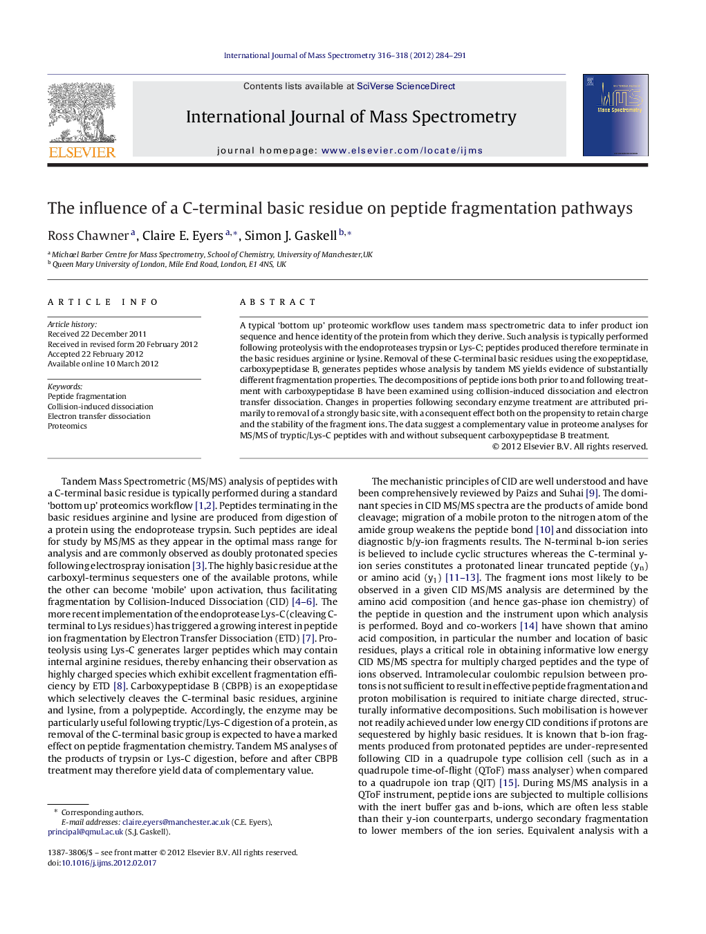 The influence of a C-terminal basic residue on peptide fragmentation pathways