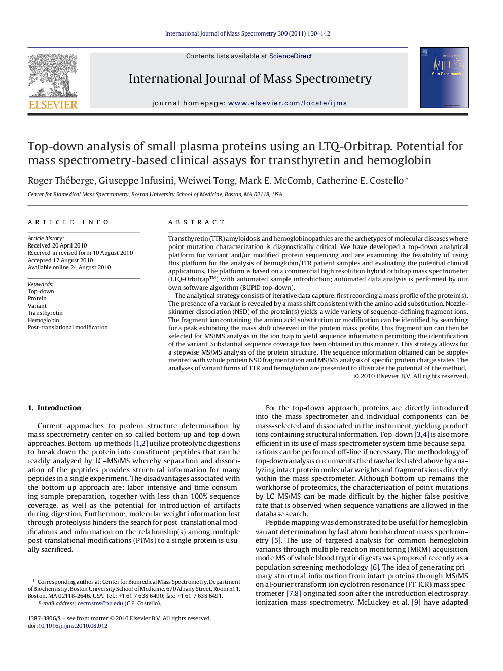 Top-down analysis of small plasma proteins using an LTQ-Orbitrap. Potential for mass spectrometry-based clinical assays for transthyretin and hemoglobin