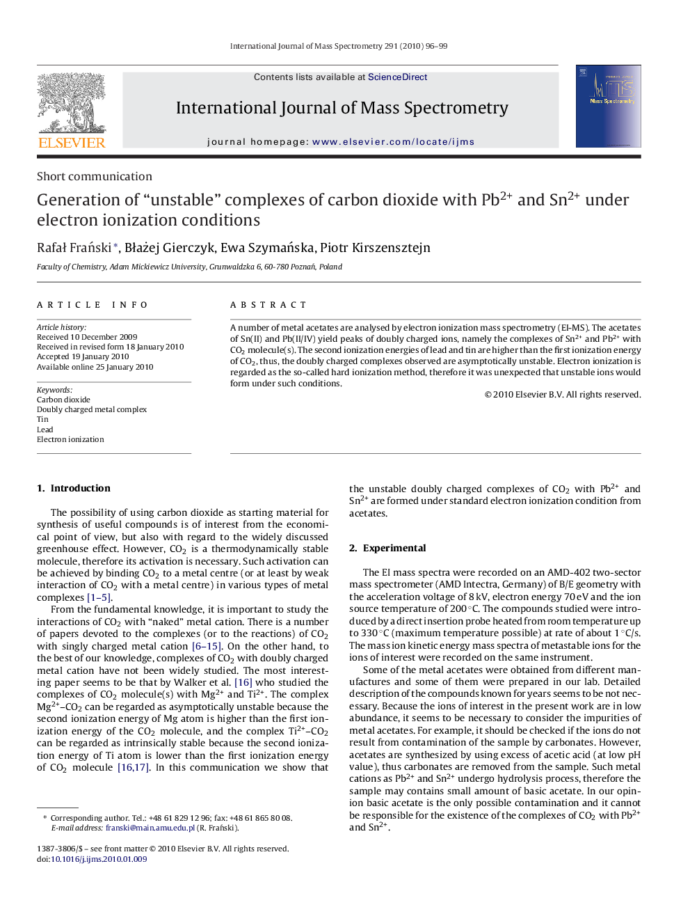 Generation of “unstable” complexes of carbon dioxide with Pb2+ and Sn2+ under electron ionization conditions