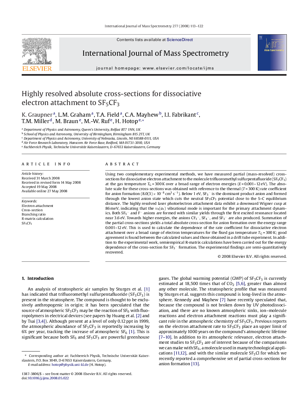 Highly resolved absolute cross-sections for dissociative electron attachment to SF5CF3