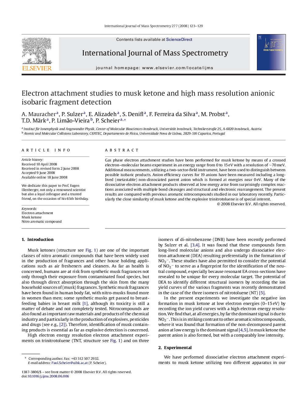 Electron attachment studies to musk ketone and high mass resolution anionic isobaric fragment detection