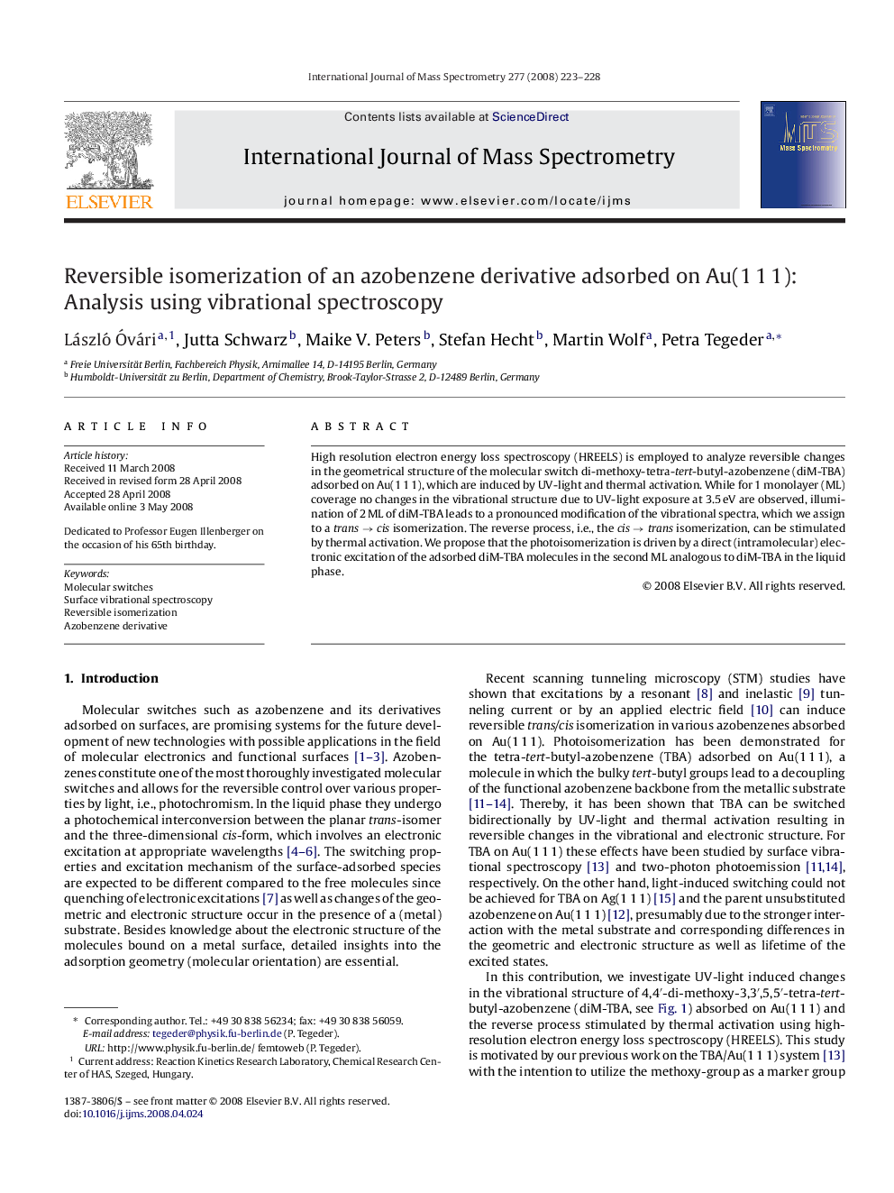 Reversible isomerization of an azobenzene derivative adsorbed on Au(1 1 1): Analysis using vibrational spectroscopy