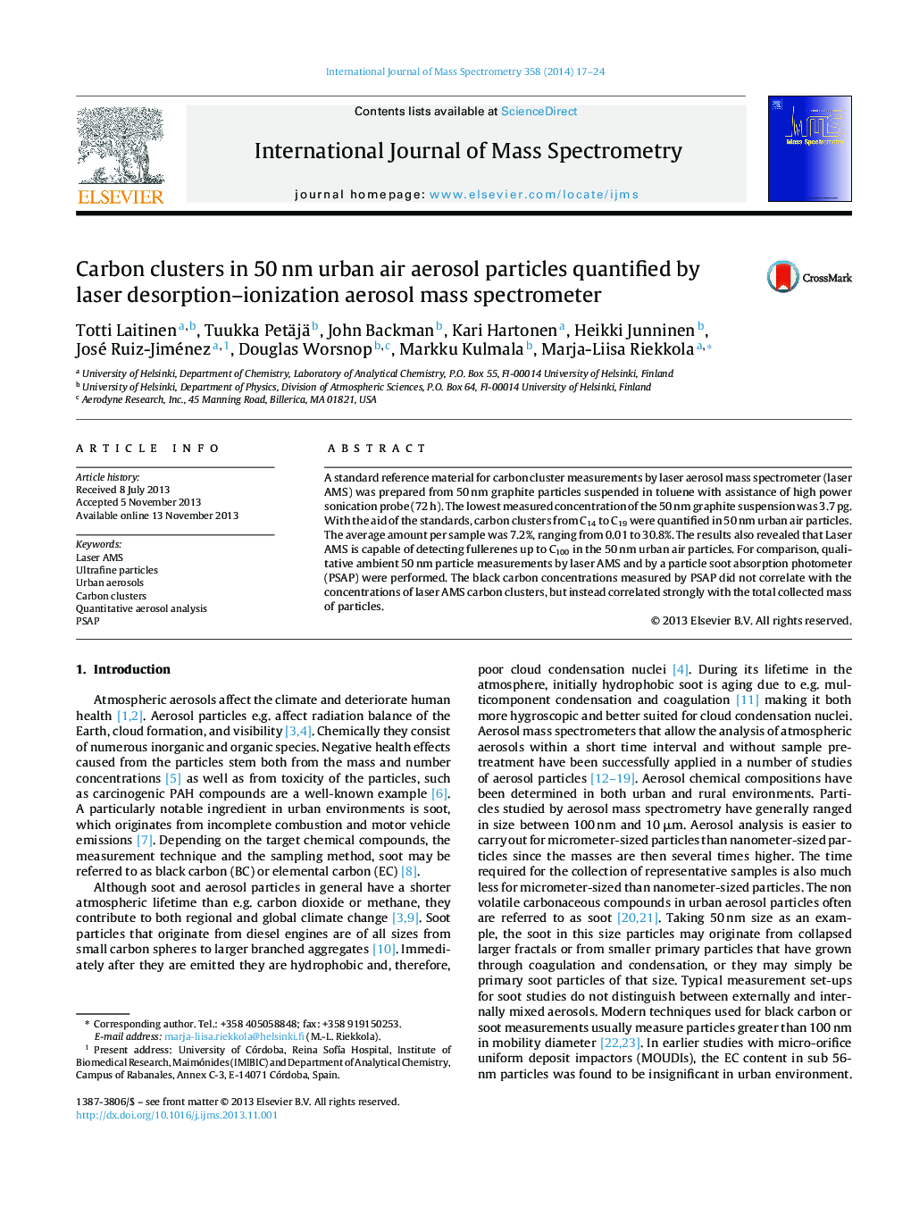 Carbon clusters in 50 nm urban air aerosol particles quantified by laser desorption–ionization aerosol mass spectrometer