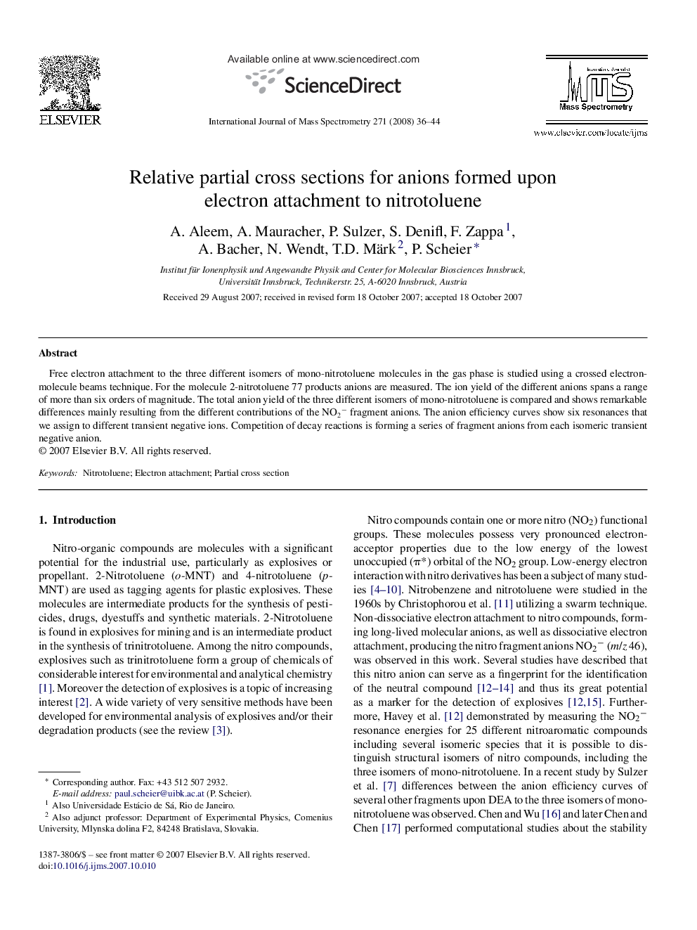 Relative partial cross sections for anions formed upon electron attachment to nitrotoluene