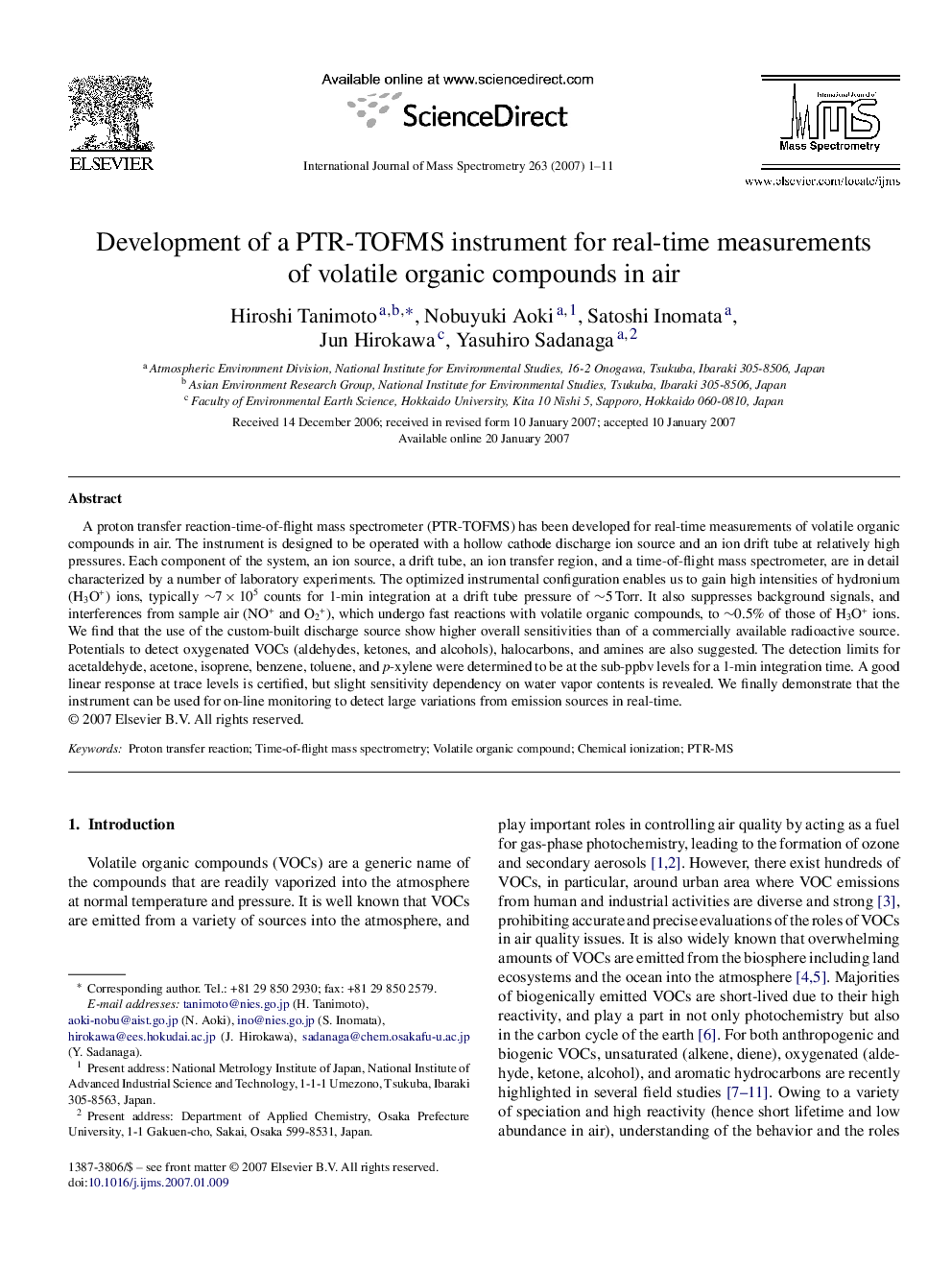 Development of a PTR-TOFMS instrument for real-time measurements of volatile organic compounds in air