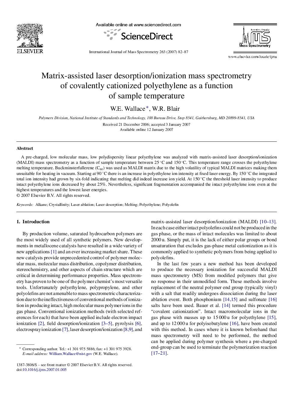 Matrix-assisted laser desorption/ionization mass spectrometry of covalently cationized polyethylene as a function of sample temperature