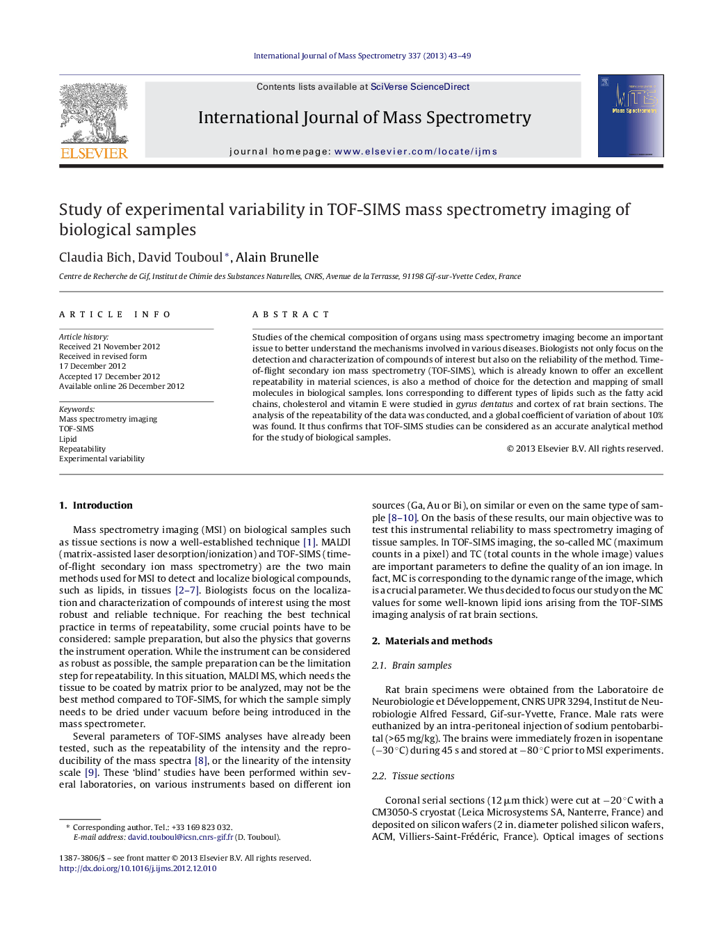 Study of experimental variability in TOF-SIMS mass spectrometry imaging of biological samples