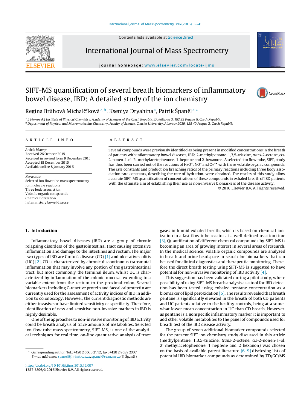 SIFT-MS quantification of several breath biomarkers of inflammatory bowel disease, IBD: A detailed study of the ion chemistry