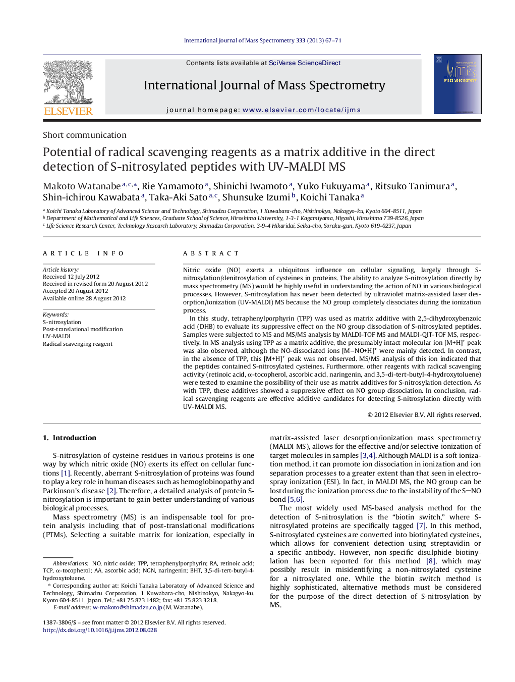 Potential of radical scavenging reagents as a matrix additive in the direct detection of S-nitrosylated peptides with UV-MALDI MS