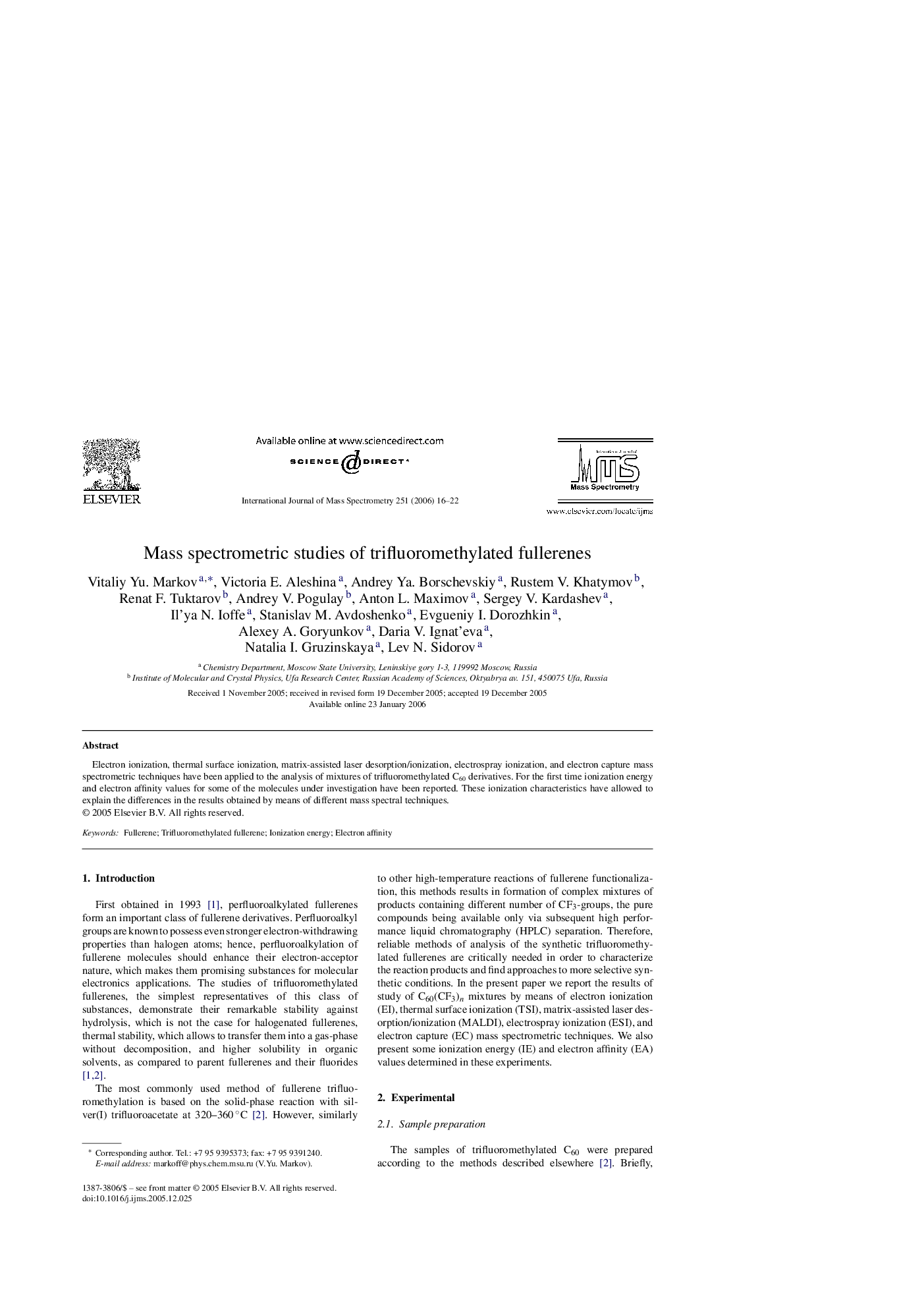 Mass spectrometric studies of trifluoromethylated fullerenes