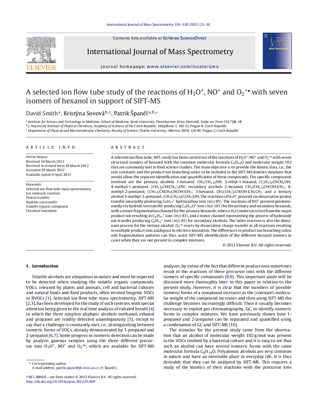 A selected ion flow tube study of the reactions of H3O+, NO+ and O2+• with seven isomers of hexanol in support of SIFT-MS