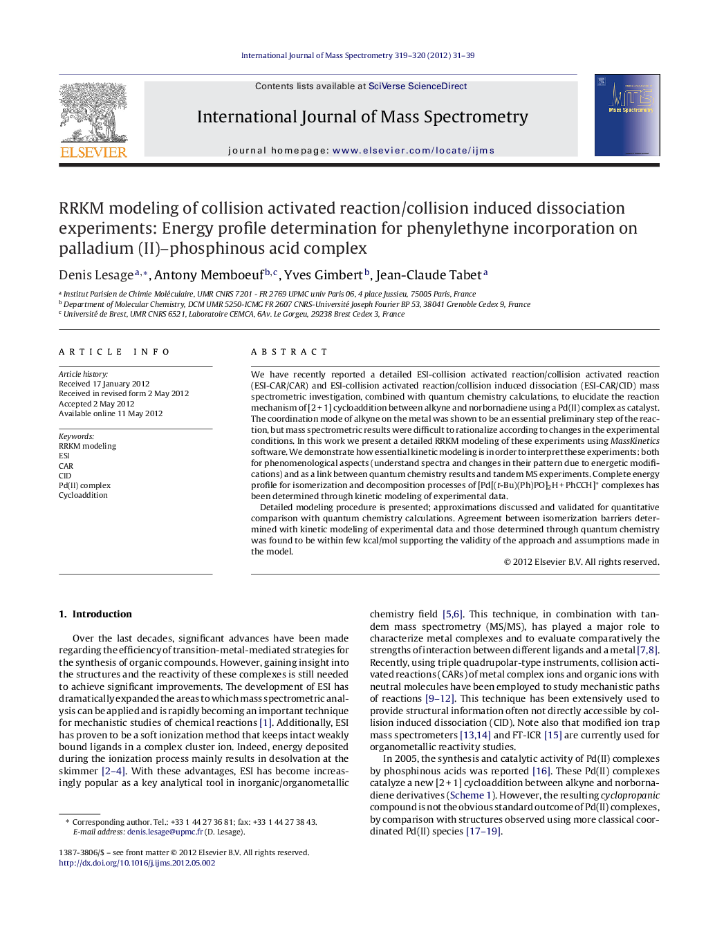 RRKM modeling of collision activated reaction/collision induced dissociation experiments: Energy profile determination for phenylethyne incorporation on palladium (II)–phosphinous acid complex