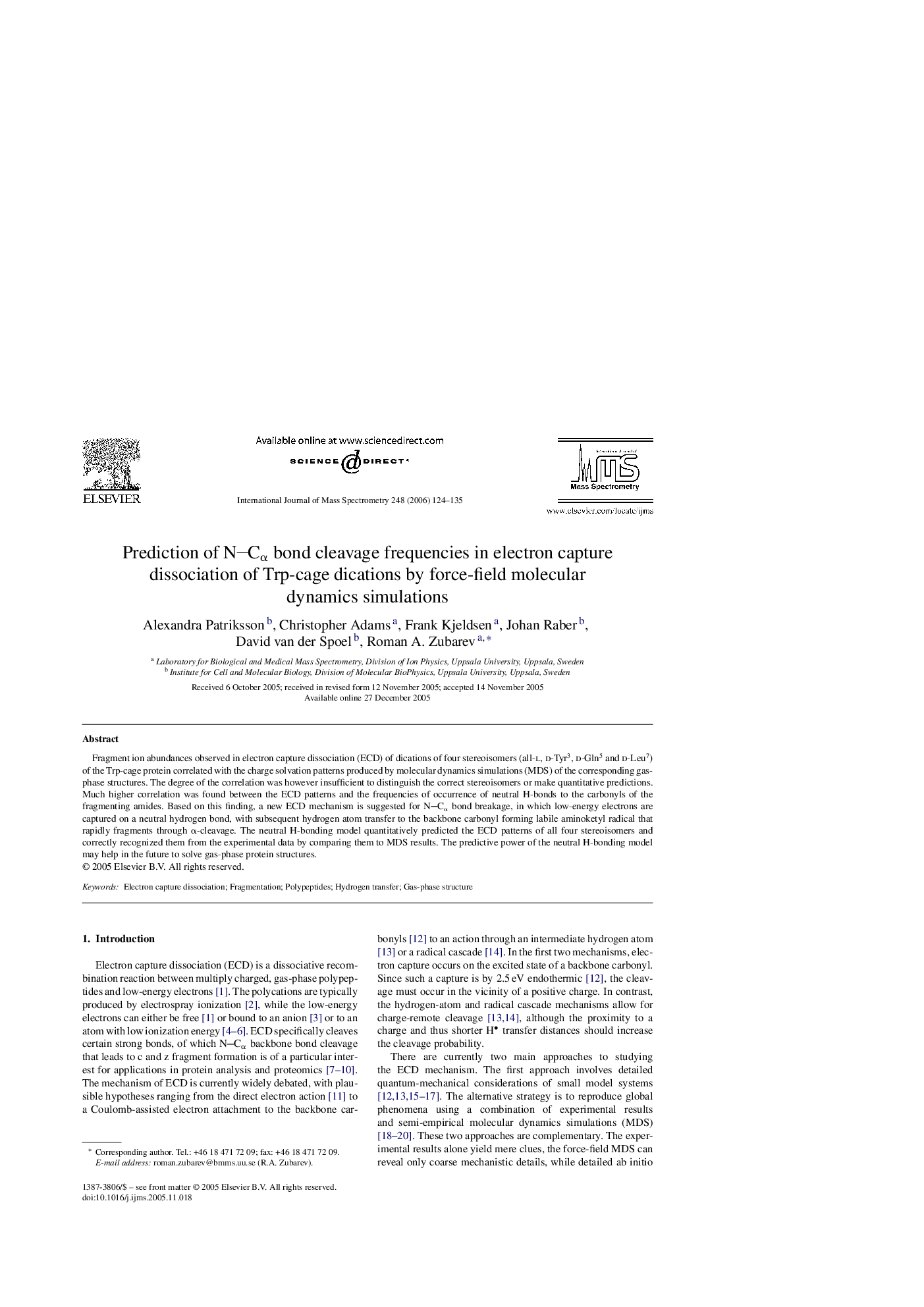 Prediction of NCÎ± bond cleavage frequencies in electron capture dissociation of Trp-cage dications by force-field molecular dynamics simulations