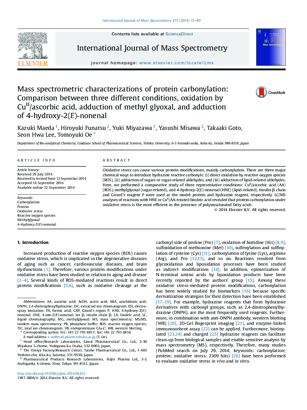 Mass spectrometric characterizations of protein carbonylation: Comparison between three different conditions, oxidation by CuII/ascorbic acid, adduction of methyl glyoxal, and adduction of 4-hydroxy-2(E)-nonenal