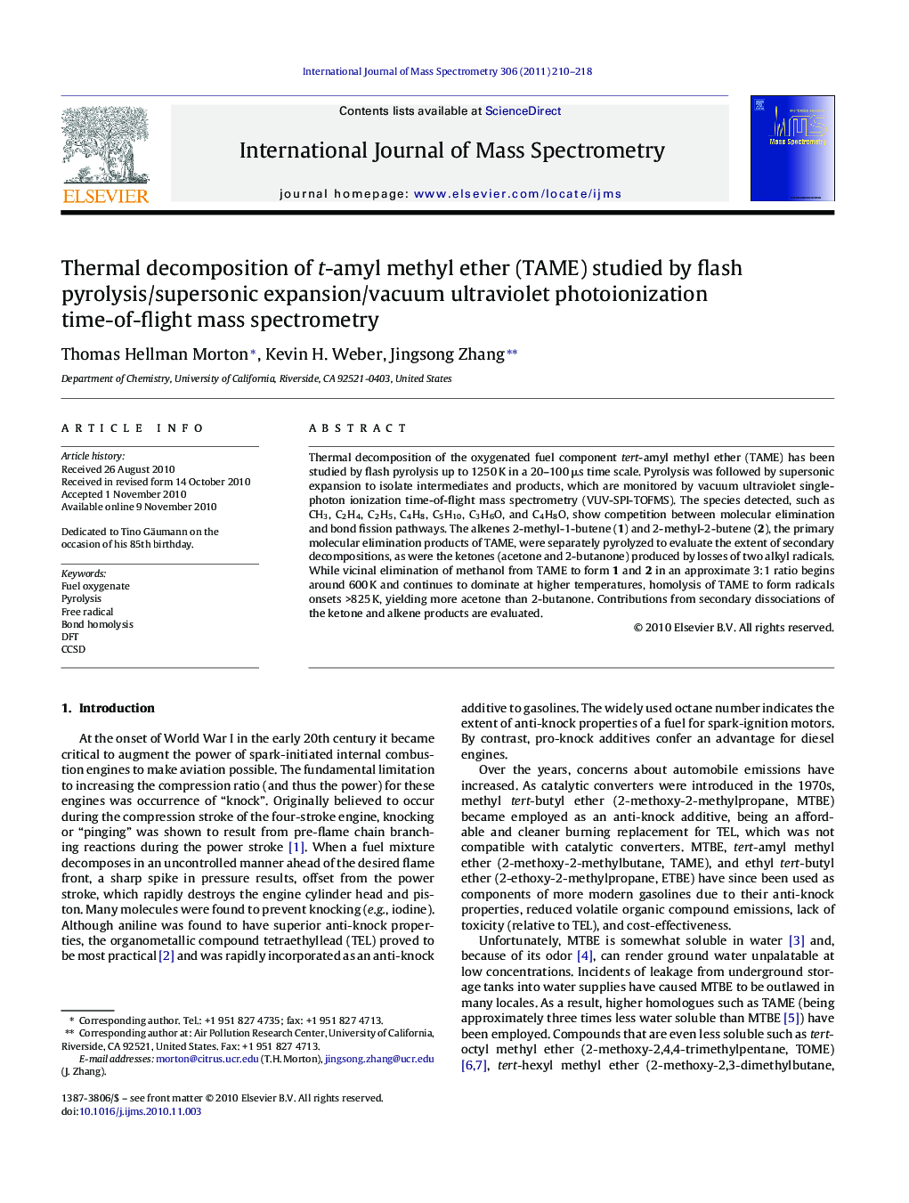 Thermal decomposition of t-amyl methyl ether (TAME) studied by flash pyrolysis/supersonic expansion/vacuum ultraviolet photoionization time-of-flight mass spectrometry